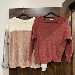 Colorblock and Rust V-Neck Sweater Set